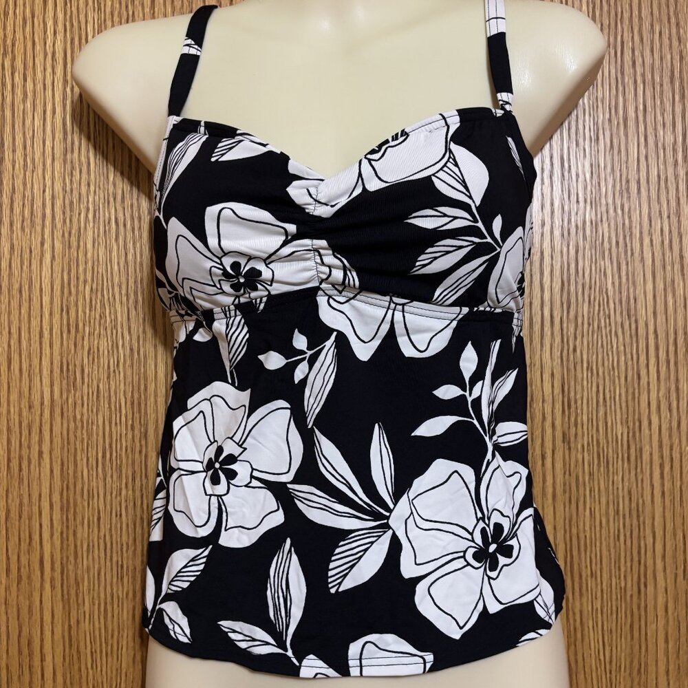 Lands'End Ladies Tankini swim top Black w'white flowers size 8